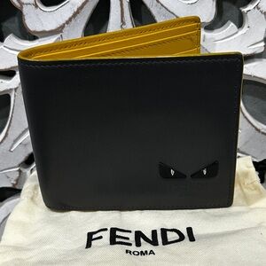 Authentic Fendi Monster Eyes Bifold Wallet Black Leather Yellow + Dust Bag